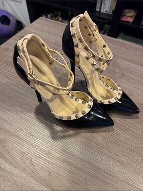 Wild Diva Black Patent Pointed Heels with Nude Studded Ankle Straps